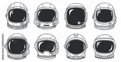 A set of eight astronaut helmets in black and white outline vector style, ideal for space-themed designs and illustrations