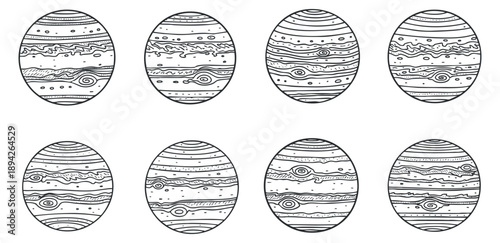 A collection of eight stylized planet illustrations in outline geometric vector style, perfect for educational materials and space-themed designs