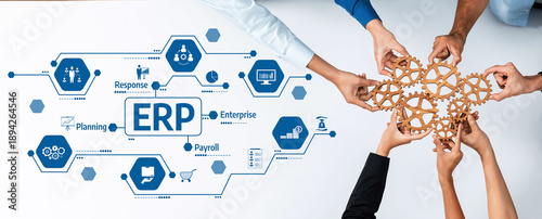Konstfotografi A dynamic representation of team collaboration in business process management featuring an ERP system visualization, highlighting unity and innovation in workplace solutions
