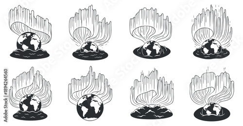 A collection of Earth illustrations featuring waterfalls flowing from the globe in black outline minimalist vector style, suitable for environmental awareness projects
