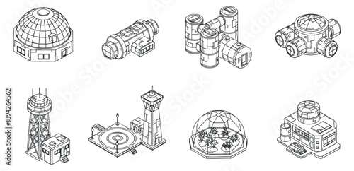 A collection of various industrial buildings and structures in clean outline vector style, suitable for architectural design projects