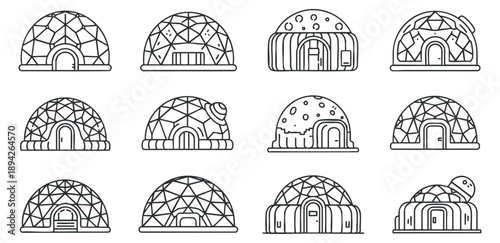 A collection of igloo and dome designs in clean line art vector style, suitable for architectural projects and winter-themed designs