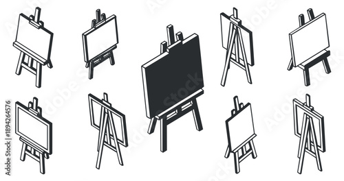 A collection of easels in black and white outline vector style, ideal for art studio branding and creative projects
