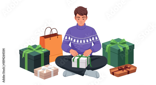 A man surrounded by gifts sits on the floor, opening a present with a joyful expression in a festive setting.
