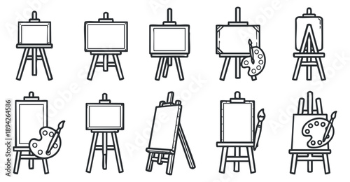 A collection of easels, palettes, and canvases in minimalist black and white vector style, ideal for art and design projects