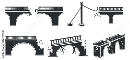 A set of various damaged bridge illustrations in black and white vector style, suitable for engineering and construction projects