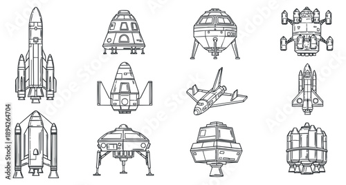 A collection of various rocket and spaceship designs in clean outline vector style, ideal for space exploration themes and technology projects
