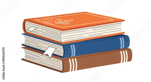 A stack of three books on a flat surface viewed from the side