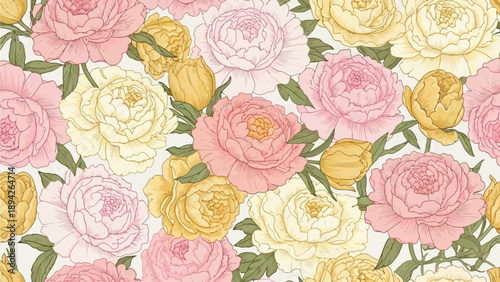 Beautiful floral pattern with roses and leaves in soft pastel colors from a close-up viewpoint
