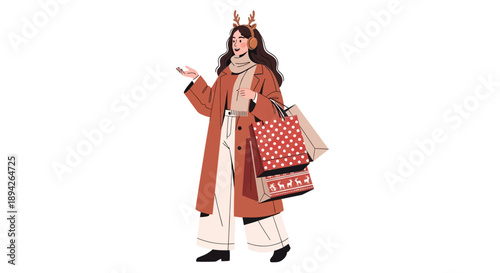Woman wearing traditional Japanese clothing and holding bags, standing and gesturing, illustration