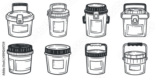 A collection of various buckets and containers in black and white outline vector style, suitable for home organization and utility design