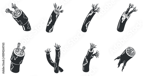 A set of broken and damaged cables in black and white outline vector style, ideal for technology and repair projects