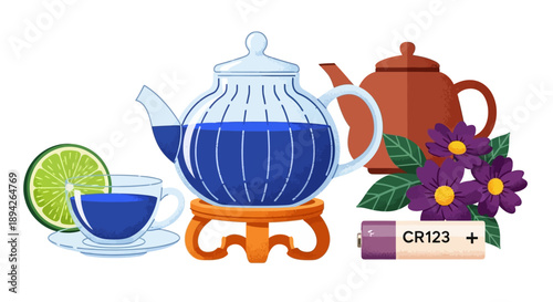 A vibrant still life illustration of tea, teapot, cup, flowers, and lime on a table from a frontal viewpoint