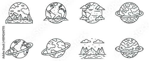A collection of earth and planet icons featuring mountains and clouds in outline vector style, suitable for environmental design and travel themes