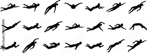 Swimming motion sequence silhouette set showing freestyle swimmer positions, dynamic sport movement collection, aquatic training, competition, fitness, endurance concept isolated on white background