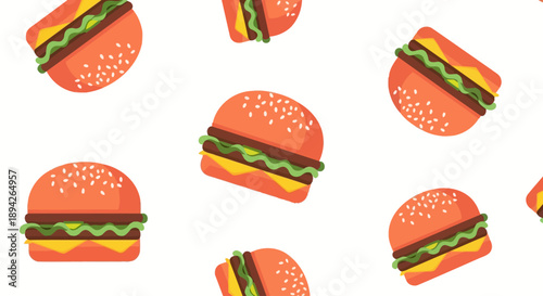 A vibrant pattern of cartoon-style burgers with lettuce and cheese on a clean white background from a direct viewpoint