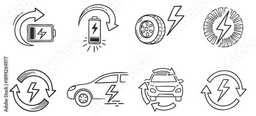 A set of electric energy icons featuring battery, car, tire, and charging symbols in minimalist outline vector style, ideal for technology and automotive projects