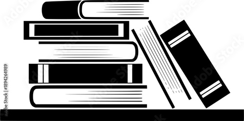 depicting stack of books on a shelf, with one book leaning.