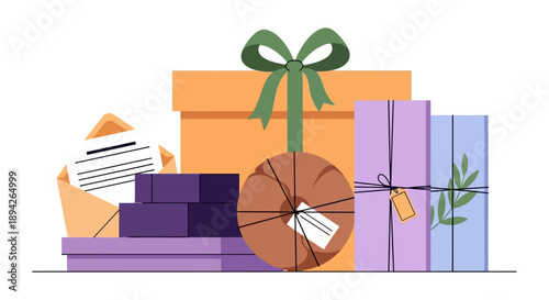 Assorted colorful gift boxes and wrapping supplies arranged neatly on a flat surface