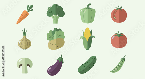 Collection of Fresh Vegetables in Flat Design Style.