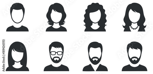 A collection of diverse user avatars and silhouettes representing various hairstyles and genders in flat monochrome vector style, ideal for web design and user interfaces