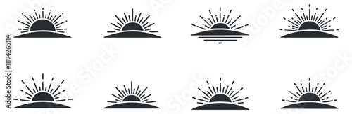 A collection of sunrise and sunset icons in minimalist black and white vector style, suitable for nature themes and graphic design projects