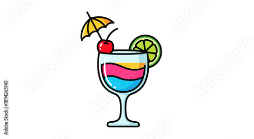Colorful layered tropical cocktail with umbrella and cherry.