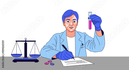 Scientist conducting an experiment in a laboratory setting with various equipment and chemicals