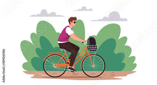 Man riding a bicycle through a lush green park on a sunny day from a side view