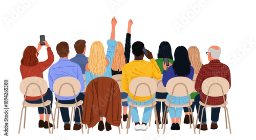 Diverse group of people sitting in chairs, some raising their hands, in a meeting or discussion setting.
