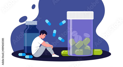 A person sitting on the floor surrounded by scattered pills and a bottle beside an open container of medication