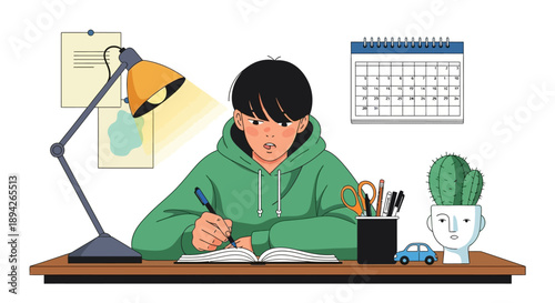 A young student writing on a desk under a desk lamp with stationery and a calendar in the background