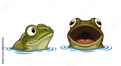 Two frogs in water, one calm and one screaming, illustrated cartoon scene from a direct viewpoint