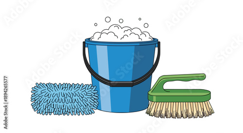 Cleaning supplies including a blue bucket with soap suds, a scrub brush, and a sponge on a surface, viewed from the side.