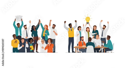 Diverse group of people celebrating success and achievement with raised hands and smiling faces in a collaborative office environment