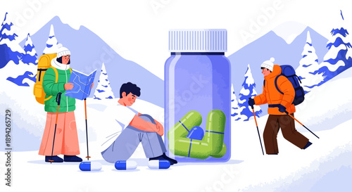 Hikers trekking through snowy mountains with a giant pill bottle and pills in the foreground