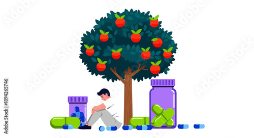 A person harvesting apples from a tree with jars and boxes nearby in an orchard scene