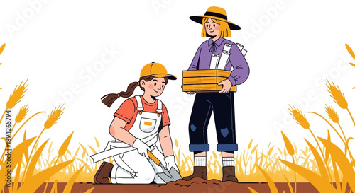 Farmers inspecting and harvesting crops in a field from a straightforward viewpoint