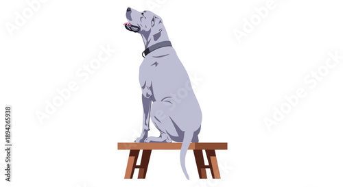 A majestic dog sits calmly on a wooden bench viewed from the side in a serene environment.