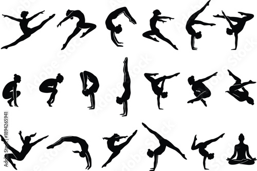 Yoga and acrobatics silhouette pose collection showing female flexibility, balance and strength in dynamic fitness movements, gymnastics training, wellness practice and artistic body control