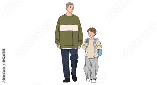Father and son walking together, boy holding father's hand, casual attire, outdoor scene, daytime