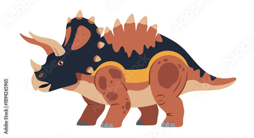 Illustration of a dinosaur, specifically a triceratops, viewed from the side, showcasing its distinctive frill and horns in a simple, graphic style