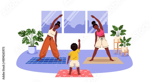 Mother and child practicing yoga together in a serene home environment with natural light