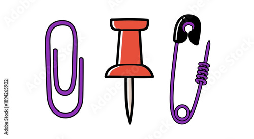 Stationery items including a paperclip, thumbtack, and safety pin displayed together on a white background from a straightforward viewpoint.