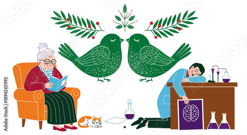 Elderly woman reads while man works at desk with love birds nearby in a cozy indoor setting