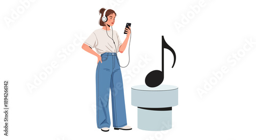 A young woman listening to music on her phone with a large musical note beside her