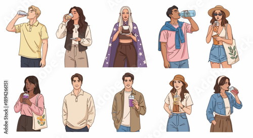 Diverse group of people enjoying beverages in casual attire standing in various poses