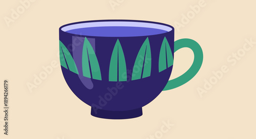 A vibrant blue coffee cup with a green handle and leaf design on a plain background from a front viewpoint