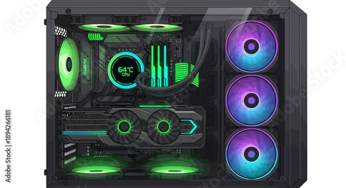 High-performance computer case interior with illuminated fans and neon lights viewed from the side