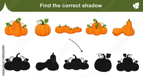 A cartoon illustration of pumpkins and their shadows, requiring the viewer to match the correct shadow to its corresponding pumpkin
